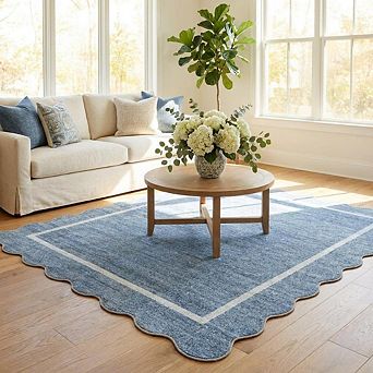 Scalloped Washable Rug for Living Room Non Slip Area Rug for Bedroom Farmhouse Carpet for Office