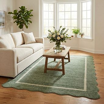 Scalloped Washable Rug for Living Room Non Slip Area Rug for Bedroom Farmhouse Carpet for Office