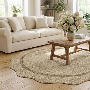 Scalloped Washable Rug for Living Room Non Slip Area Rug for Bedroom Farmhouse Carpet for Office
