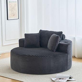 55 Inch Oversized Round Chaise Lounge Chair with Cup Holders Gray Corduroy Circle Couch