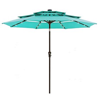 9 FT 3 tier Patio Umbrella with Solar Lights Outdoor Table Umbrella with Easy Crank & Auto Tilt