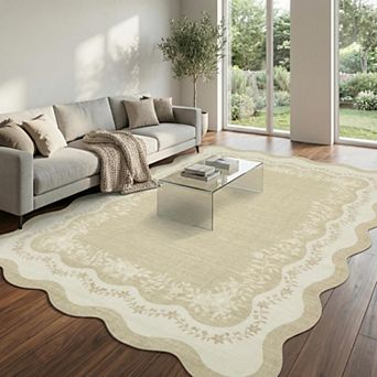 Machine Washable Scalloped Rug Foldable Indoor Carpet for Living Room Bedroom Playroom