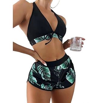 Women's Tropical Floral 2 pc Bikini Set, Halter Top & Swim Shorts Sporty Athletic Beach Swimwear