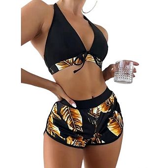 Women's Tropical Floral 2 pc Bikini Set, Halter Top & Swim Shorts Sporty Athletic Beach Swimwear