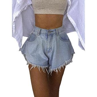 Women's Elastic Waist Cutoff Denim Shorts, Loose Fit Tassel Detailed Summer Jean Shorts