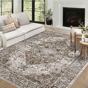 Washable Vintage Area Rug for Living Room Bedroom Dining Room Non-Shedding Floral Carpet