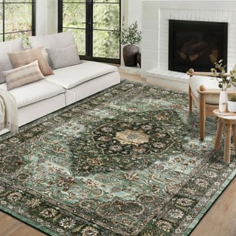 Washable Vintage Area Rug for Living Room Bedroom Dining Room Non-Shedding Floral Carpet