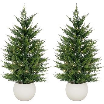 2 pc Lifelike Artificial Pine Mini Trees Set, 3D Realistic Needles, Pre-Potted in White Round Pots