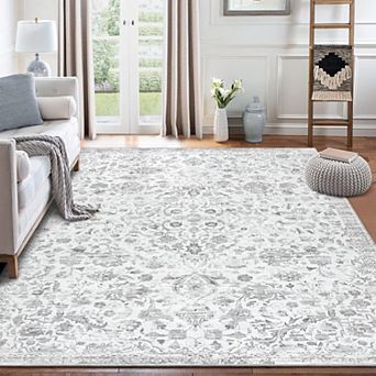Machine Washable Rug Distressed Floral Area Rug for Living Room Vintage Medallion Accent Rug