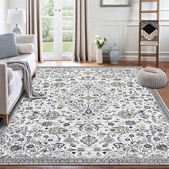 Machine Washable Rug Distressed Floral Area Rug for Living Room Vintage Medallion Accent Rug