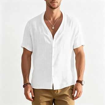 Kojooin Men's Knit Short Sleeve V Neck Button Down Shirt Plaid Casual Daily Top