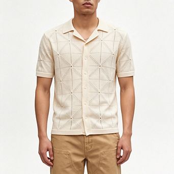 Kojooin Men's Knit Short Sleeve Button Down Shirt Geometric Hollow Out Casual Top