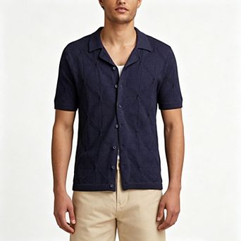 Kojooin Men's Knit Short Sleeve Button Down Shirt Geometric Hollow Out Casual Top