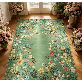 Washable Botanical Area Rugs for Living Room Non Slip Soft Vintage Low Pile Floral Rug Carpet