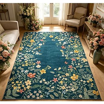 Washable Botanical Area Rugs for Living Room Non Slip Soft Vintage Low Pile Floral Rug Carpet