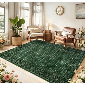 Vintage Floral Rug Washable Rug with Non Slip TPR Backing Foldable Covering Non Shedding Mat