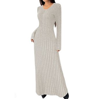 Women's Lightweight Knit Sweater Dress, Long Sleeve V-Neck A-Line Casual Trendy Dress