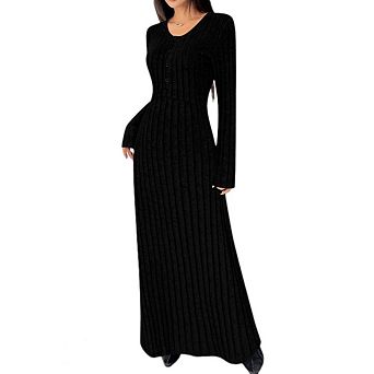 Women's Lightweight Knit Sweater Dress, Long Sleeve V-Neck A-Line Casual Trendy Dress