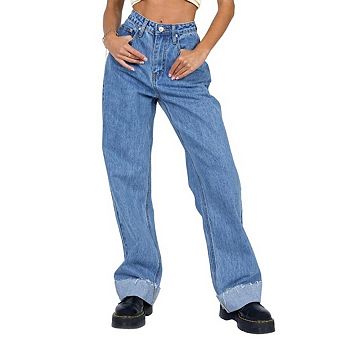 Women's High Waist Y2K Wide Leg Jeans, Acid Wash Cuffed Denim Pants