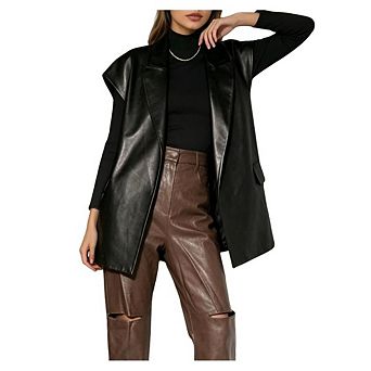 Women's Belted Faux Leather Vest, Sleeveless Notch Lapel PU Blazer with Fleece Lining and Pockets