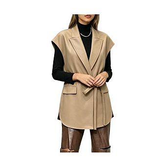 Women's Belted Faux Leather Vest, Sleeveless Notch Lapel PU Blazer with Fleece Lining and Pockets