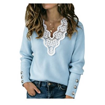 Womens V Neck Lace Hem Sweaters Lantern Long Sleeve Ribbed KnitFall Warm Pullover Jumper