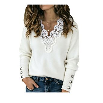 Womens V Neck Lace Hem Sweaters Lantern Long Sleeve Ribbed KnitFall Warm Pullover Jumper