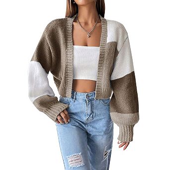 Womens Color Block Cardigan Open Front Long Sleeve Cropped Knit Sweater