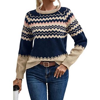 Women Crew Neck Chevron Striped Sweater Long Sleeve Ribbed Trim Pullover Top