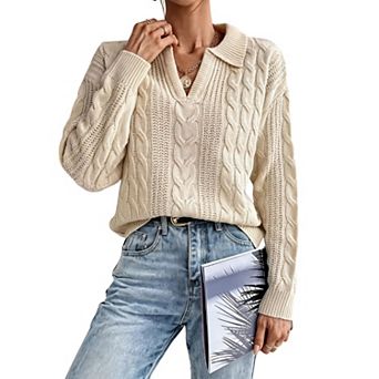 Women Polo Collar V Neck Cable Knit Sweater Long Sleeve Ribbed Pullover Top