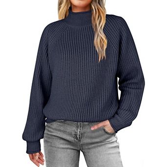 Women Mock Neck Ribbed Knit Sweater Long Sleeve Relaxed Fit Pullover Top