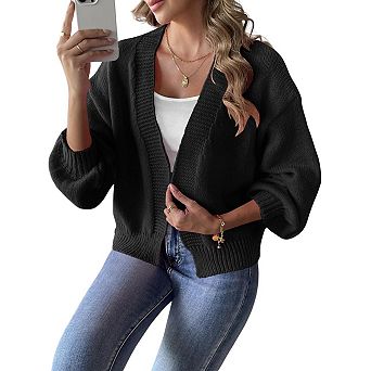 Women Open Front Lantern Sleeve Cardigan Short Cropped Ribbed Knit Sweater