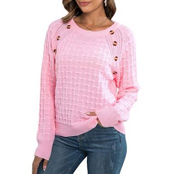 Women's Crew Neck Textured Knit Sweater Long Sleeve Button Detail Pullover Top