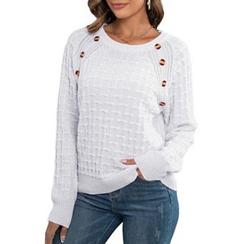 Women's Crew Neck Textured Knit Sweater Long Sleeve Button Detail Pullover Top