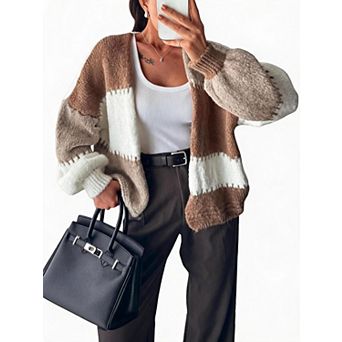 Women's Chunky Knit Color Block Open Front Cardigan Long Sleeve Fuzzy Sweater