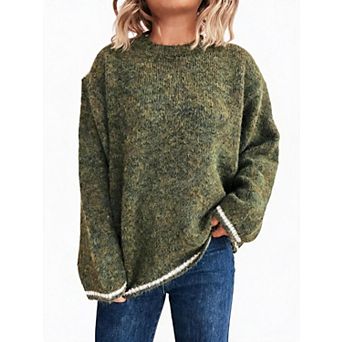 Women's Crew Neck Contrast Stripe Trim Long Sleeve Loose Fit Knit Sweater