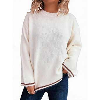 Women's Crew Neck Contrast Stripe Trim Long Sleeve Loose Fit Knit Sweater