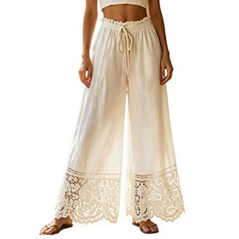 Womens Drawstring Wide Leg Paperbag Pants High Waist Lace Petal Hem Lightweight Baggy Trousers