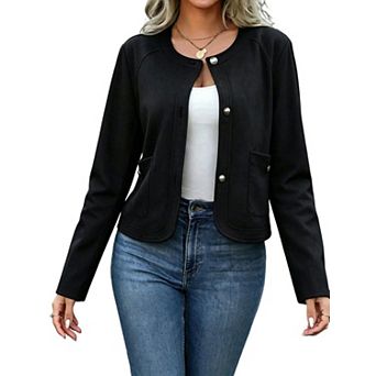 Womens Faux Suede Cropped Jackets Button Down Long Sleeve Crew Neck Casual Fall Coat with Pockets