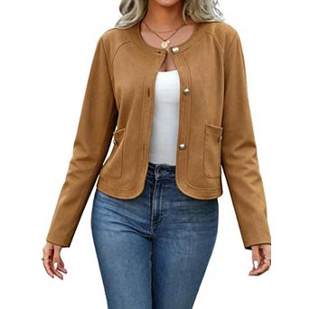 Womens Faux Suede Cropped Jackets Button Down Long Sleeve Crew Neck Casual Fall Coat with Pockets