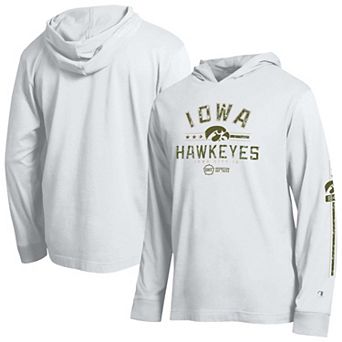 Men's Champion White Iowa Hawkeyes Operation Hat Trick Sleeve Line Hooded Long Sleeve T-Shirt