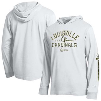 Men's Champion White Louisville Cardinals Operation Hat Trick Sleeve Line Hooded Long Sleeve T-Shirt