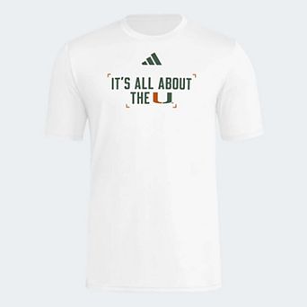 Men's adidas White Miami Hurricanes Locker Slogan Football Pre-Game T-Shirt