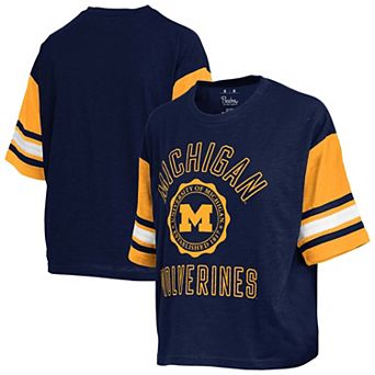 Women's Pressbox Navy Michigan Wolverines Sunday Colorblock Seal T-Shirt