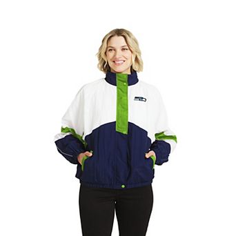 Women's WEAR by Erin Andrews White/College Navy Seattle Seahawks Crinkle Full-Snap Hooded Windbreaker Jacket