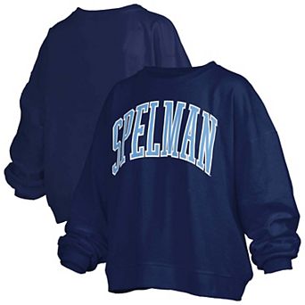 Women's Pressbox Navy Spelman College Jaguars Oversized Janise Arch Over Logo Fleece Sweatshirt