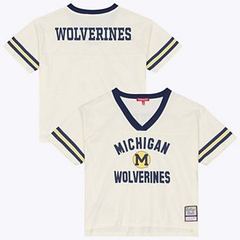 Women's Mitchell & Ness Cream Michigan Wolverines Retro Roots Crop Boxy Yoke T-Shirt