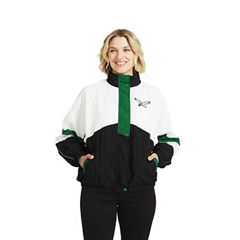 Women's WEAR by Erin Andrews White/Black Philadelphia Eagles Throwback Crinkle Full-Snap Hooded Windbreaker Jacket
