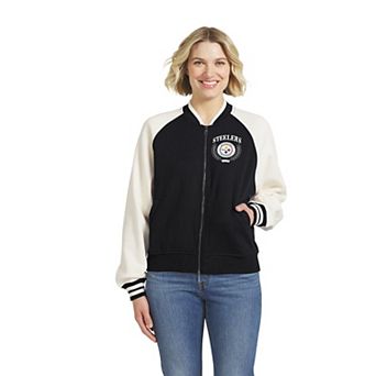 Women's WEAR by Erin Andrews Black Pittsburgh Steelers Throwback Varsity Fleece Raglan Full-Zip Jacket