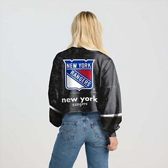 Women's Fanatics Black New York Rangers Mineral Wash Oversized Long Sleeve Jersey T-Shirt